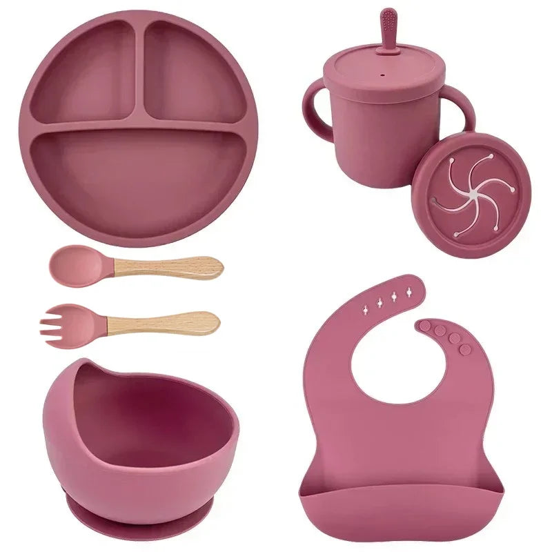 Food Grade Silicone Child Dish Set Baby Feeding Bowl Suction Plate Straw Cup Wooden Spoon Fork for Kids Tableware Toddler Dishes