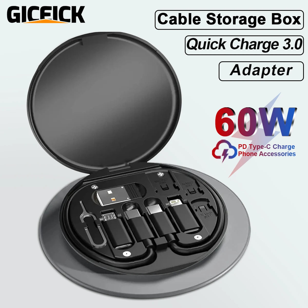 PD 60W Multifunctional USB Type C Data Cable Set Fast Charging for Iphone Xiaomi Charger Storage Box Adapter Card Pin Travel Box