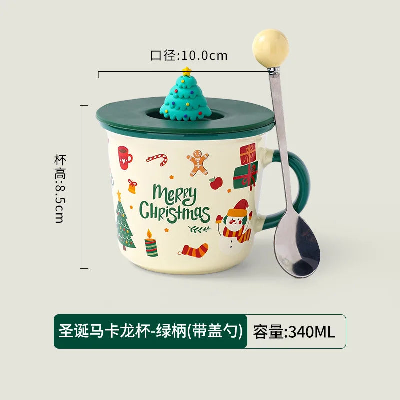 Christmas Ceramic Mug with Lid Spoon,Creative Cute Tea Cup,Holiday Gift 