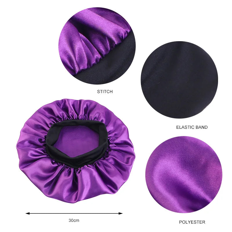 Women'S Satin Solid Bonnets Wide-Brimmed Night Sleeping Bathing Hat Unisex Head Wrap Elastic Band Cap Hair Care Bonnet