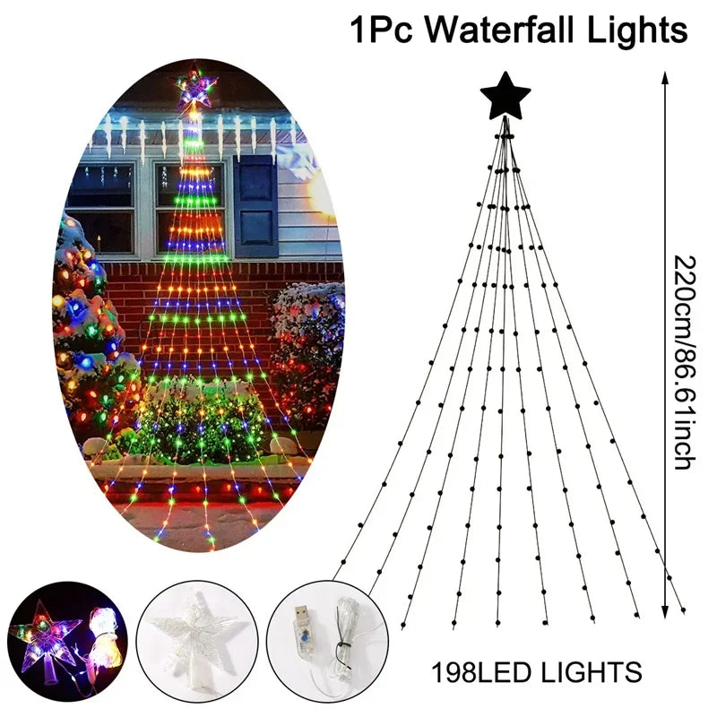 Christmas Waterfall Fairy String Lights with Topper Star, Christmas Tree Decorations for Home 2025 Navidad Natal New Year 2026