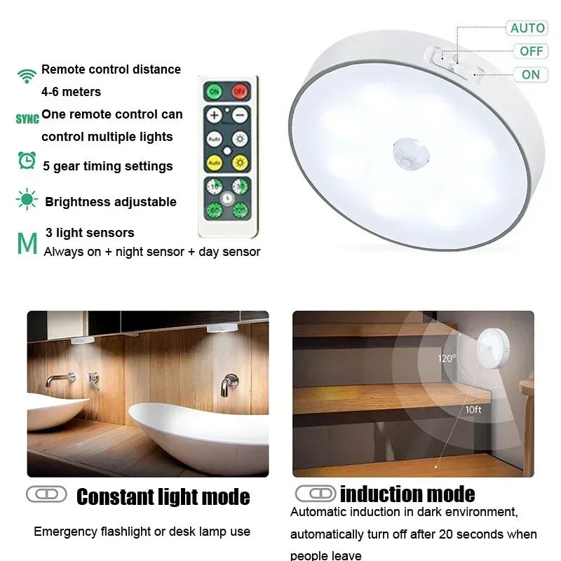 Night Lamp with Sensor Movement Rechargeable LED USB Wireless Light 3 Colors Remote Control for Room Kitchen Wardrobe