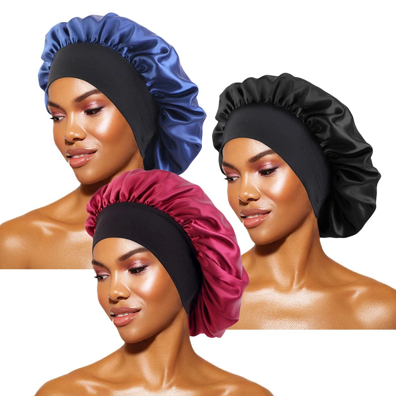 Women'S Satin Solid Bonnets Wide-Brimmed Night Sleeping Bathing Hat Unisex Head Wrap Elastic Band Cap Hair Care Bonnet