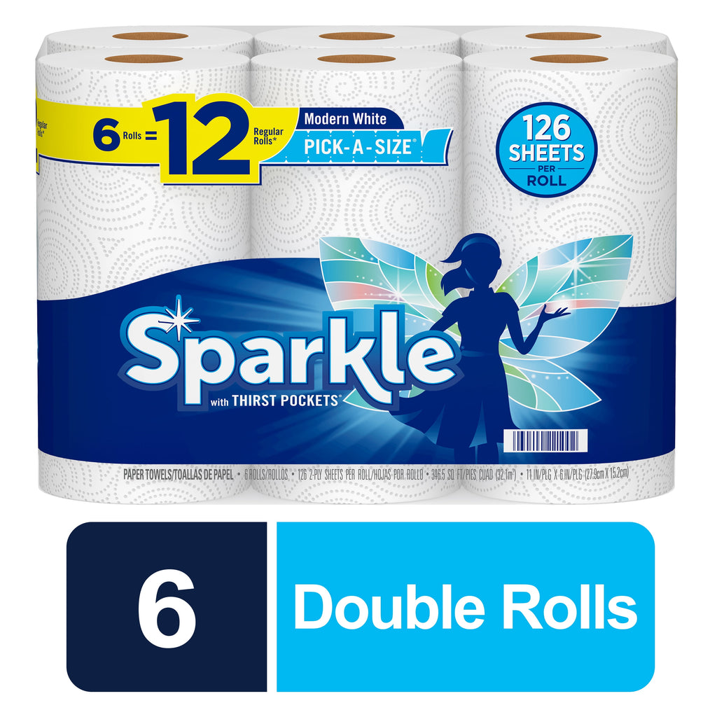 Sparkle Pick-A-Size Paper Towels, White, 6 Double Rolls = 12 Regular Rolls, 126 2-Ply Sheets per Roll