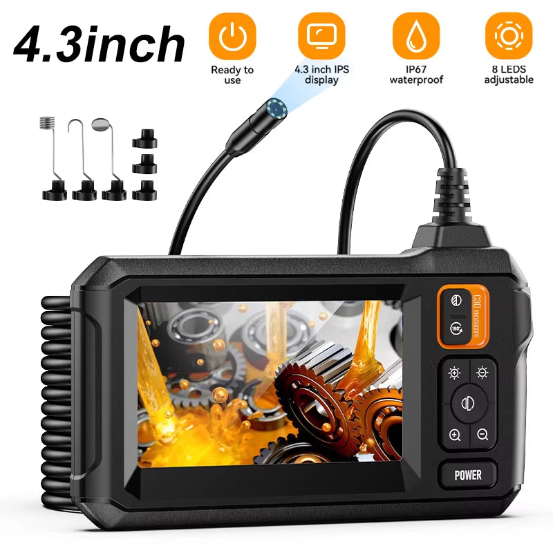 Industrial Endoscope Camera 4.3Inch IPS Screen 8Mm HD1080P IP67 Waterproof 8 LED Light Inspection Borescope for Pipe Car Repair