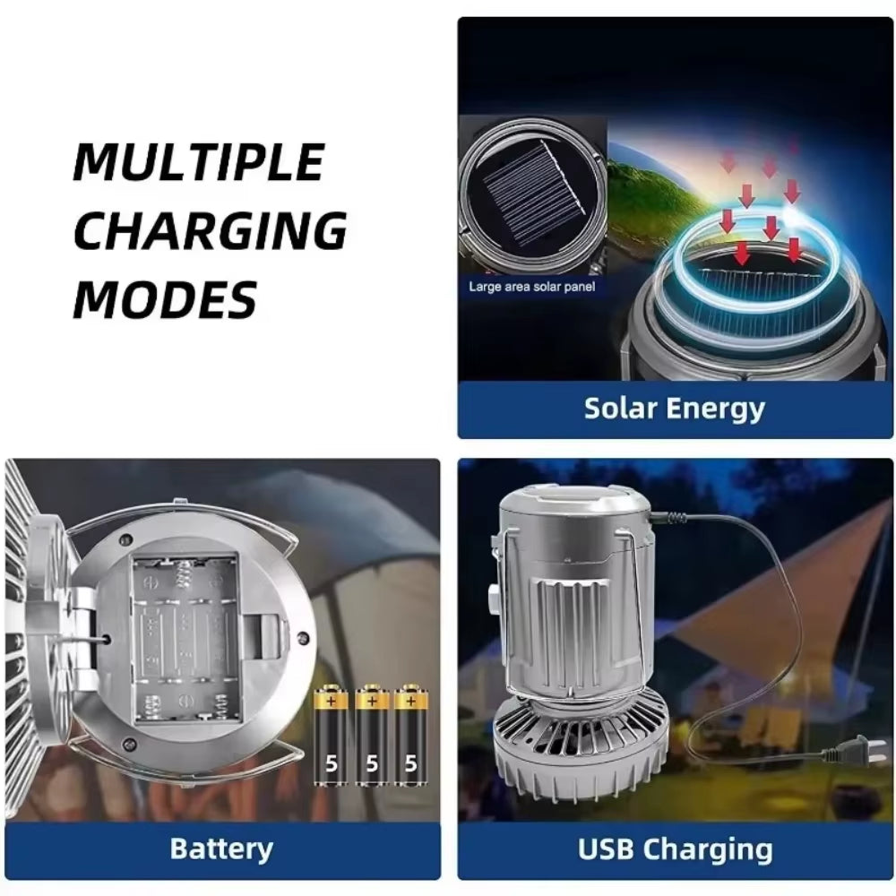 Camping Fan Portable Rechargeable Foldable Hangable Power Bank Lamp Handheld Lantern with Solar Charging