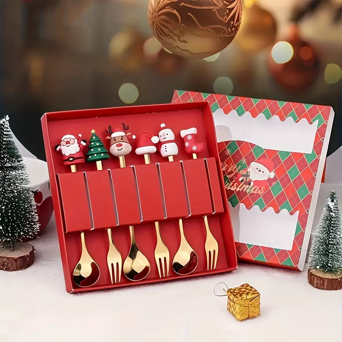 2/4/6Pcs Christmas Fork and Spoon Set,Stainless Steel Creative Tableware,Coffee Tea Dessert Forks and Spoons Gift Set