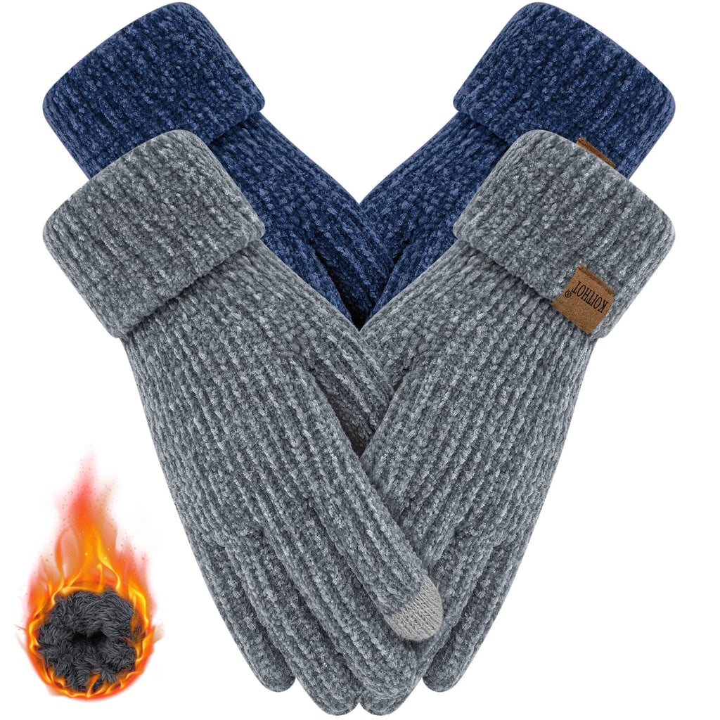 2 Pairs Winter Gloves for Women Chenille, Winter Warm Thick Lined Touchscreen Fingers Weather Gloves