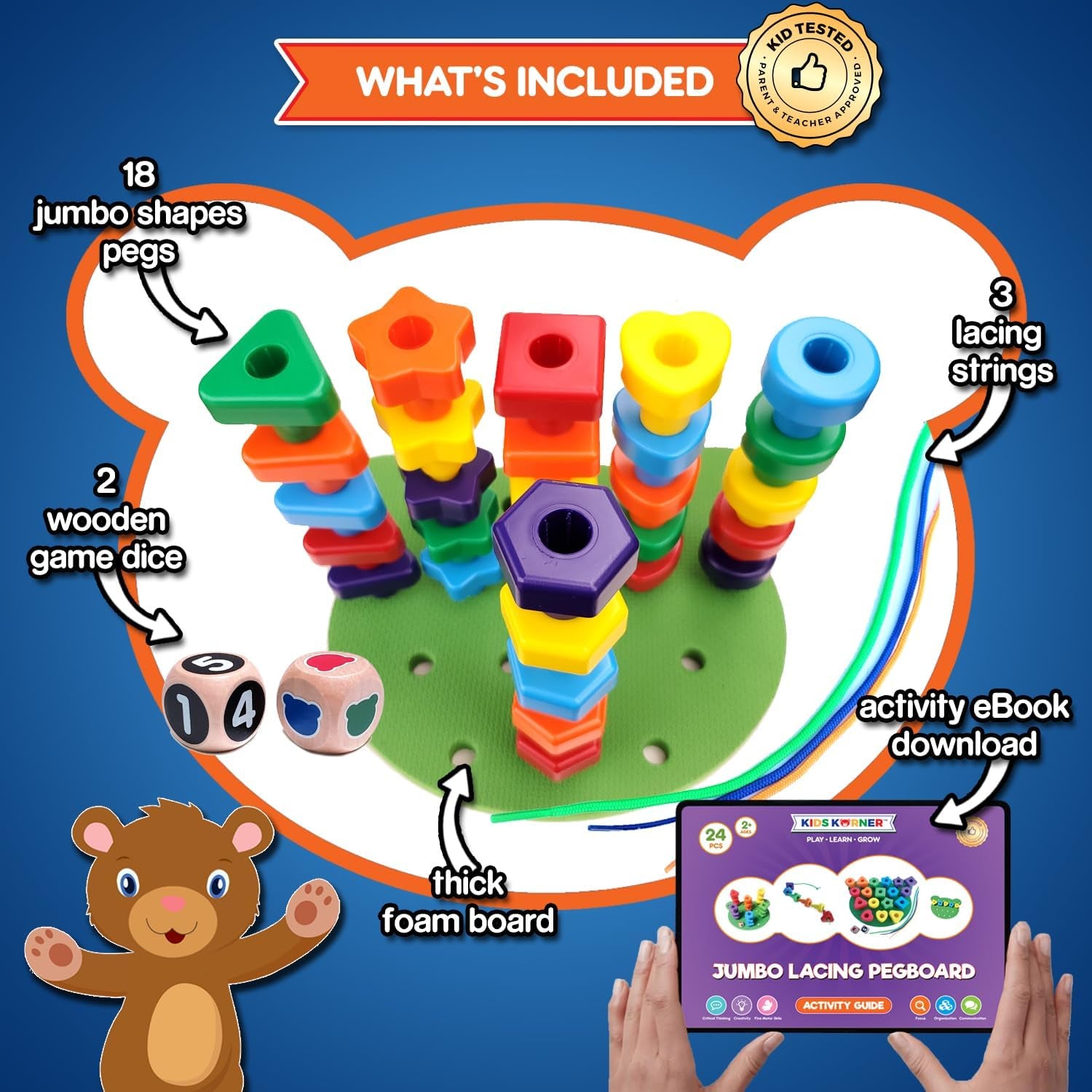 Jumbo Stacking Shapes Pegboard Set for Kids with 18 Pegs, 2 Wooden Dice, Lacing String & Storage Box (Standard Rainbow Colors)