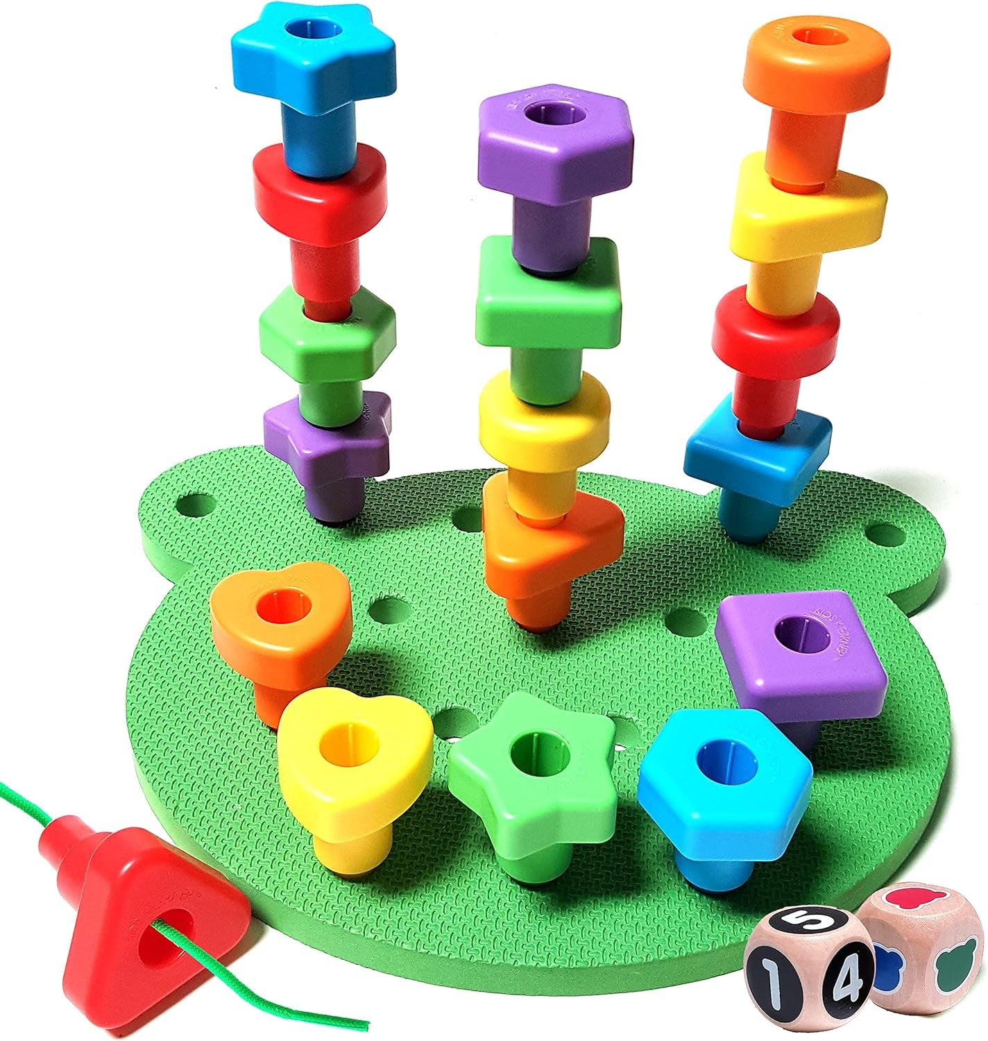 Jumbo Stacking Shapes Pegboard Set for Kids with 18 Pegs, 2 Wooden Dice, Lacing String & Storage Box (Standard Rainbow Colors)