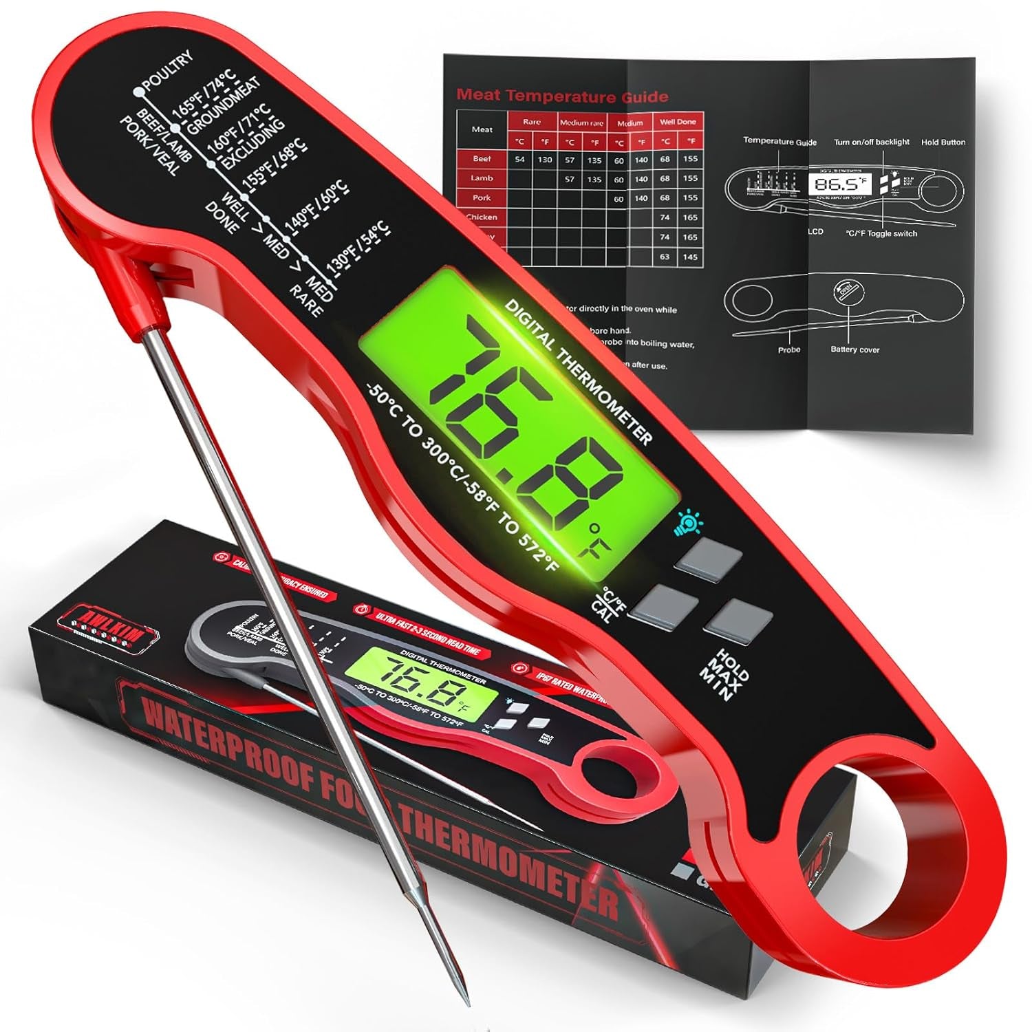 ® Meat Thermometer Digital - Instant Read Waterproof Food Thermometer with Backlight for Cooking, Grill, Candy, Kitchen & Stocking Stuffers for Men - Red