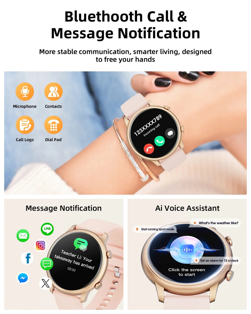 Smart Watch(Answer/Make Call), Smartwatch Fits for Android and Iphone, 1.39" HD Fitness Watch with 100 Sports Modes, Waterproof, Activity Smart Watches for Women, Two Straps, Gold