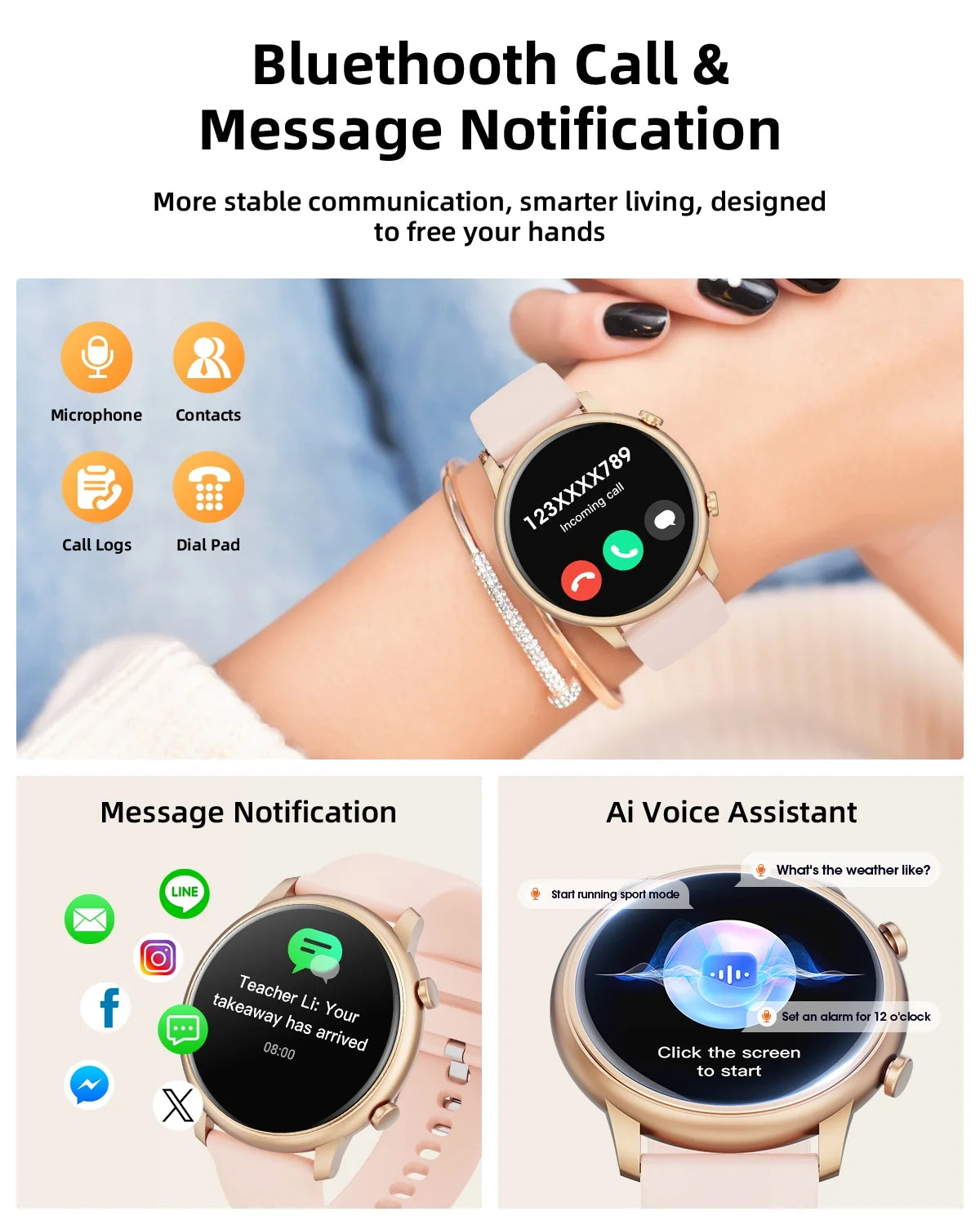 Smart Watch(Answer/Make Call), Smartwatch Fits for Android and Iphone, 1.39" HD Fitness Watch with 100 Sports Modes, Waterproof, Activity Smart Watches for Women, Two Straps, Gold
