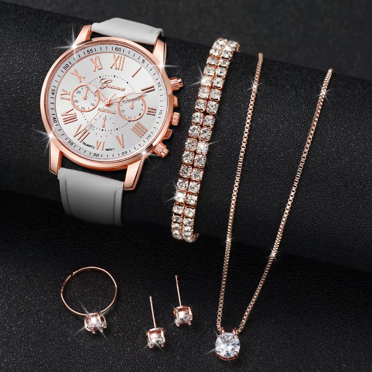6Pcs/Set Geneva Women Watches Casual Leather Band Quartz Wrist Watch Diamond Jewelry Set(Without Box)