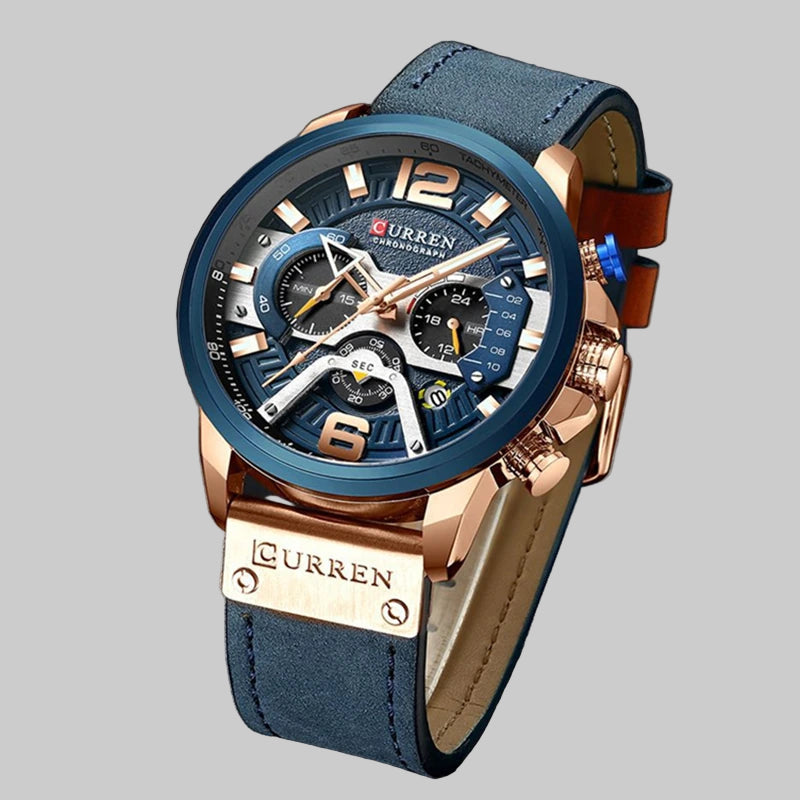 Chronograph Men Watch Casual Sports Fashion Calendar Analog Genuine Leather Wrist Watch
