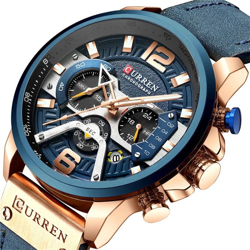 Chronograph Men Watch Casual Sports Fashion Calendar Analog Genuine Leather Wrist Watch