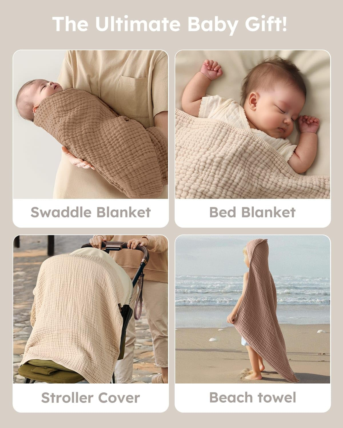 Hooded Baby Towels for Newborn 2 Pack 100% Muslin Organic Cotton Baby Bath Towel with Hood for Babies, Infant, Toddler and Kids, 32X32Inch, Soft and Absorbent Newborn Essential, Beige&Coffee