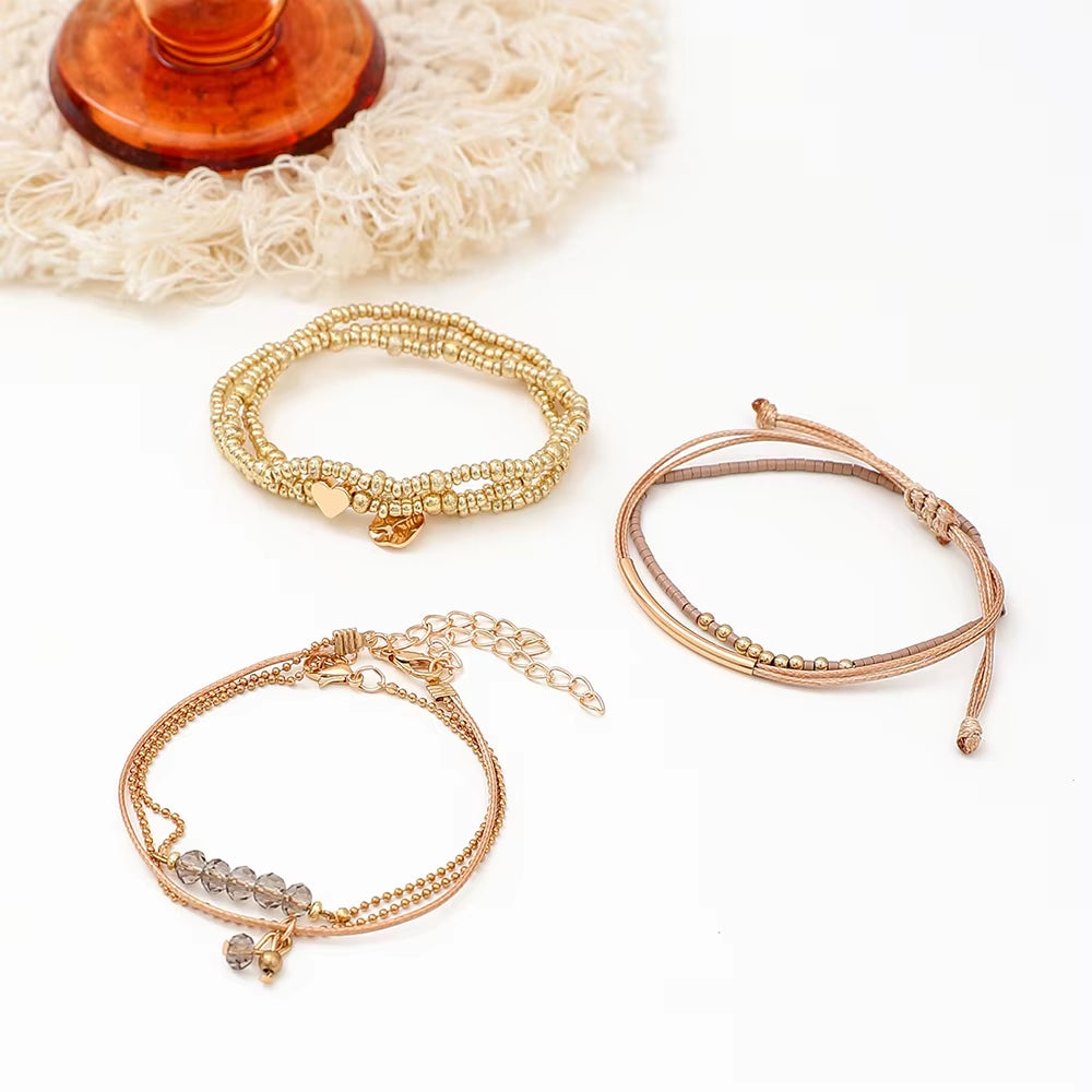 7Pcs/Set Bohemian Style Heart Beads round Pendant Adjustable String Beads Bracelet CCB Elastic Bracelet Set for Women