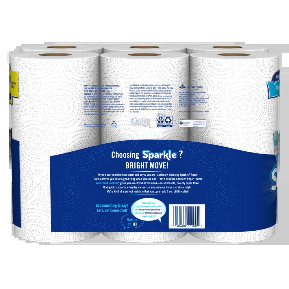 Sparkle Pick-A-Size Paper Towels, White, 6 Double Rolls = 12 Regular Rolls, 126 2-Ply Sheets per Roll