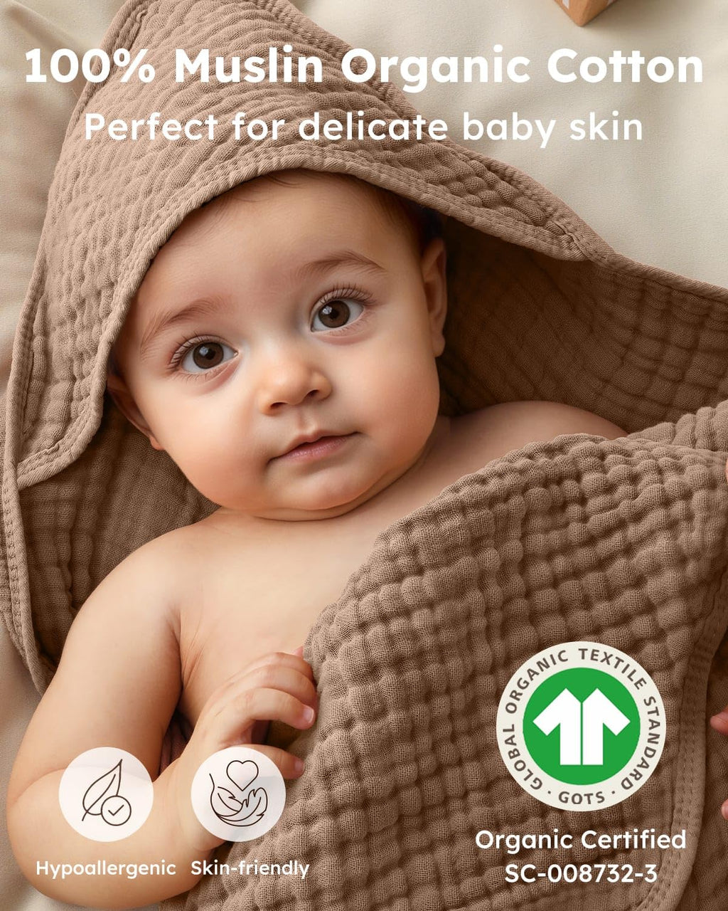 Hooded Baby Towels for Newborn 2 Pack 100% Muslin Organic Cotton Baby Bath Towel with Hood for Babies, Infant, Toddler and Kids, 32X32Inch, Soft and Absorbent Newborn Essential, Beige&Coffee