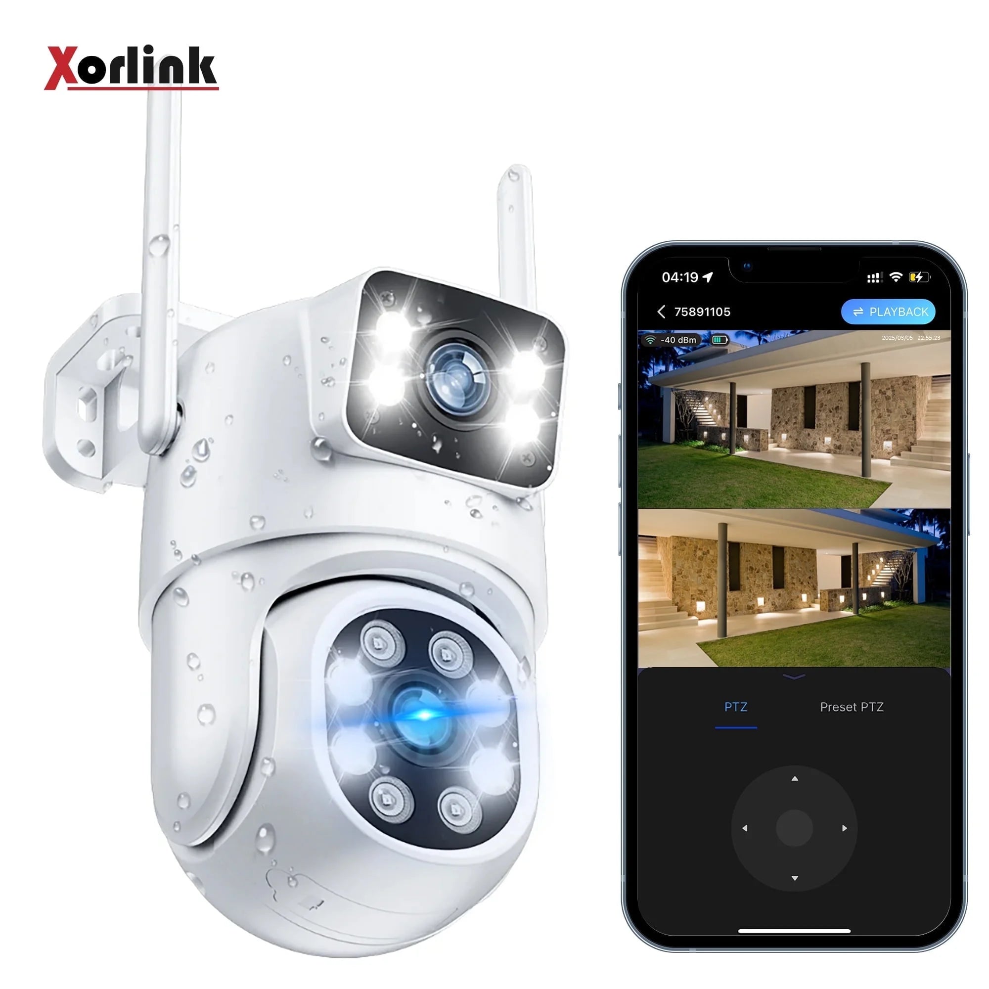 4K Dual Lens Outdoor Security Camera, Wifi PTZ outside Cameras for Home Security with Auto Tracking, Human Detection, IP66, Color Night Vision, 24/7 Record,Two-Way Audio, Dual-Screen Display