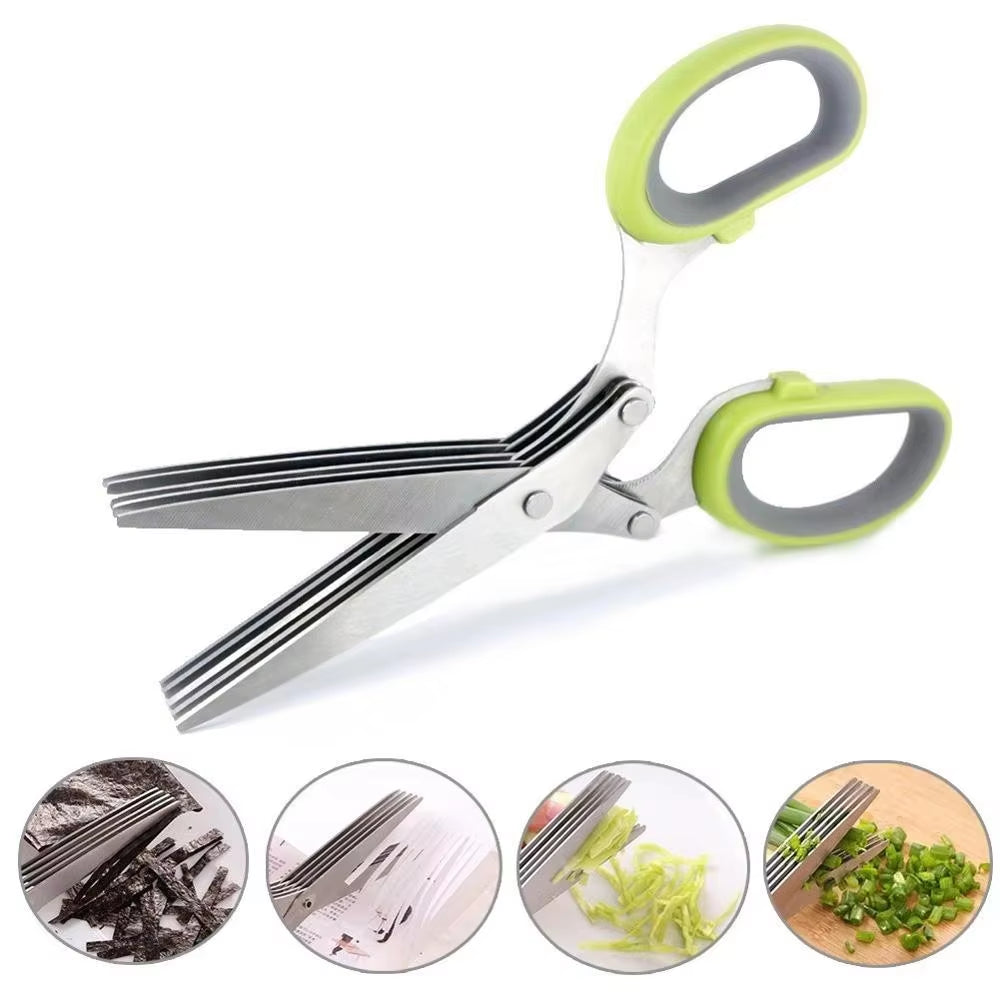 5 Blade Herb Scissors Stainless Steel Onion Herb Scissors with Cleaning Brush Kitchen Scallion Chopper Cutter YY026