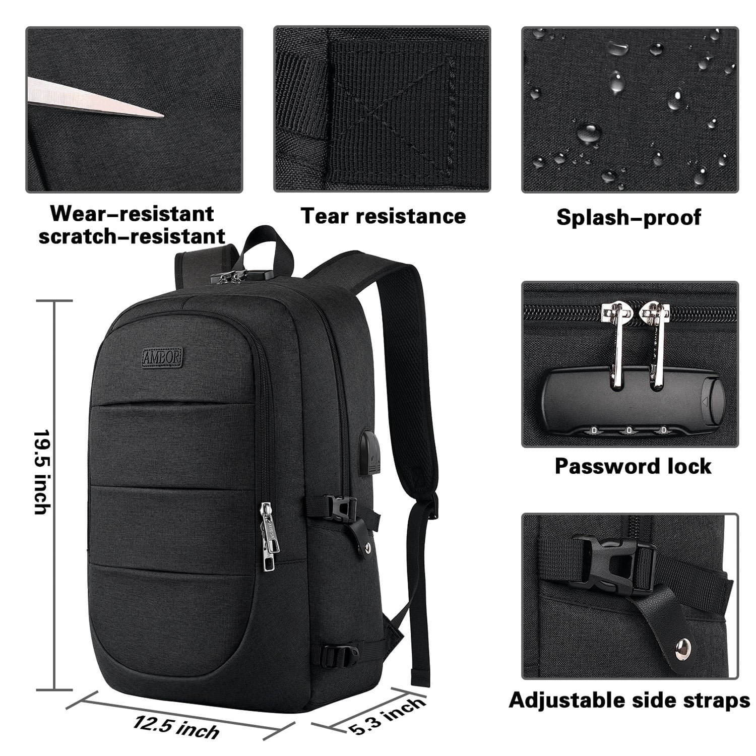 17.3 Inch anti Theft Business Laptop Backpack for Men & Womenwith, Travel Bag，With USB Charging Port and Headphone Interface, Black