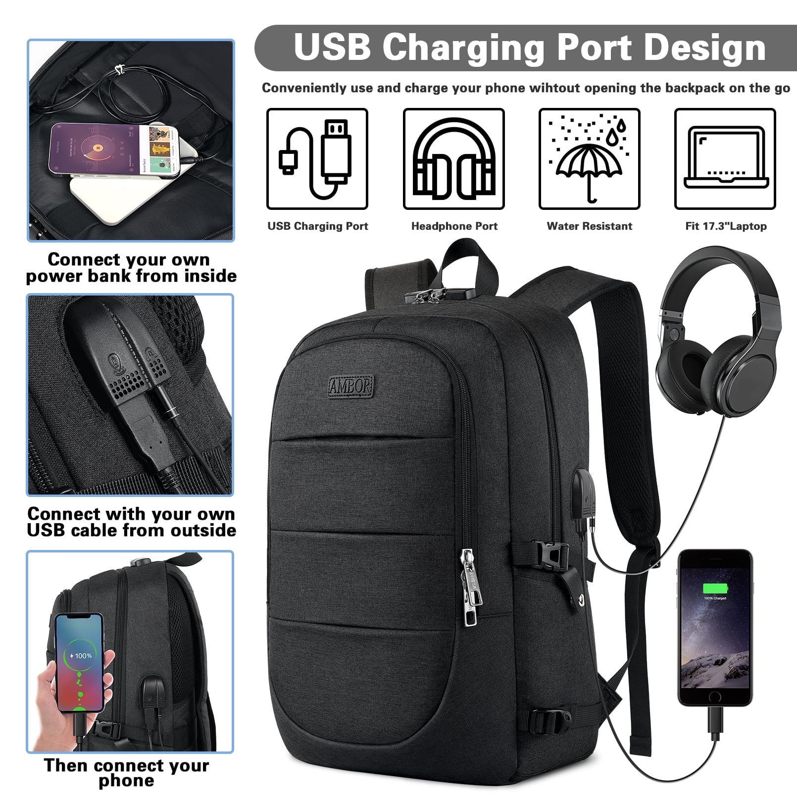 17.3 Inch anti Theft Business Laptop Backpack for Men & Womenwith, Travel Bag，With USB Charging Port and Headphone Interface, Black