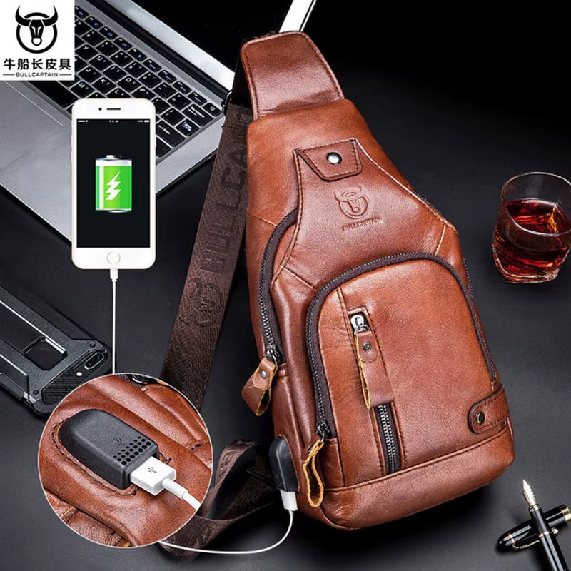  New 100% Cowhide Leather Casual Fashion Crossbody Chest Bag Men's Leather Bag USB Charging 