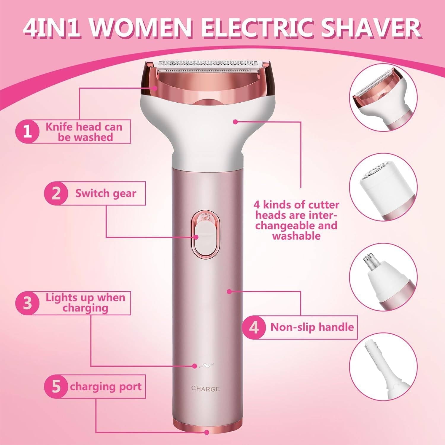 4 in 1 Electric Razor for Women Nose Hair Trimmer for Women Cordless Face Shaver Set Facial Hair Removal for Women Painless Body Hair Remover Lady Grooming Kit for Bikini, Eyebrow, Arm, Leg, Nose