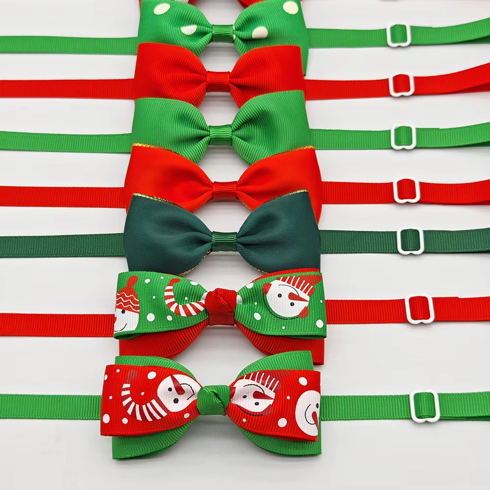 10Pcs Pet Christmas Bow Tie Adjustable Xmas Dog Cat Bowtie Collar Accessories for Small Dog Cat Festival Party Decoration Gift