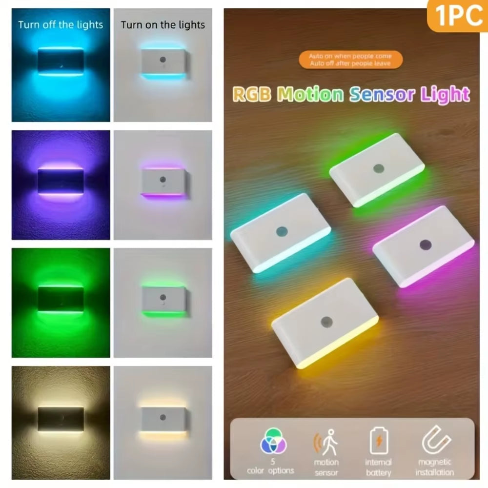 1Pc USB Rechargeable LED Motion Sensor Light - Thin, Wall-Mounted, RGB Night Lighting for Corridors, Storage, Closets, Kitchens,