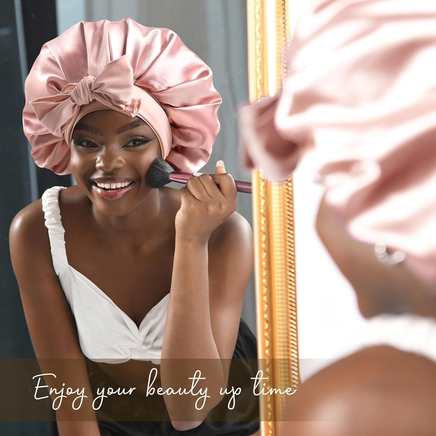 Silk Bonnet for Sleeping Women Satin Bonnet Double Layer Satin Lined Hair Bonnet with Tie Band Curly Hair Blush Pink