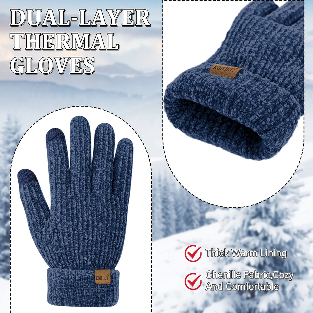 2 Pairs Winter Gloves for Women Chenille, Winter Warm Thick Lined Touchscreen Fingers Weather Gloves