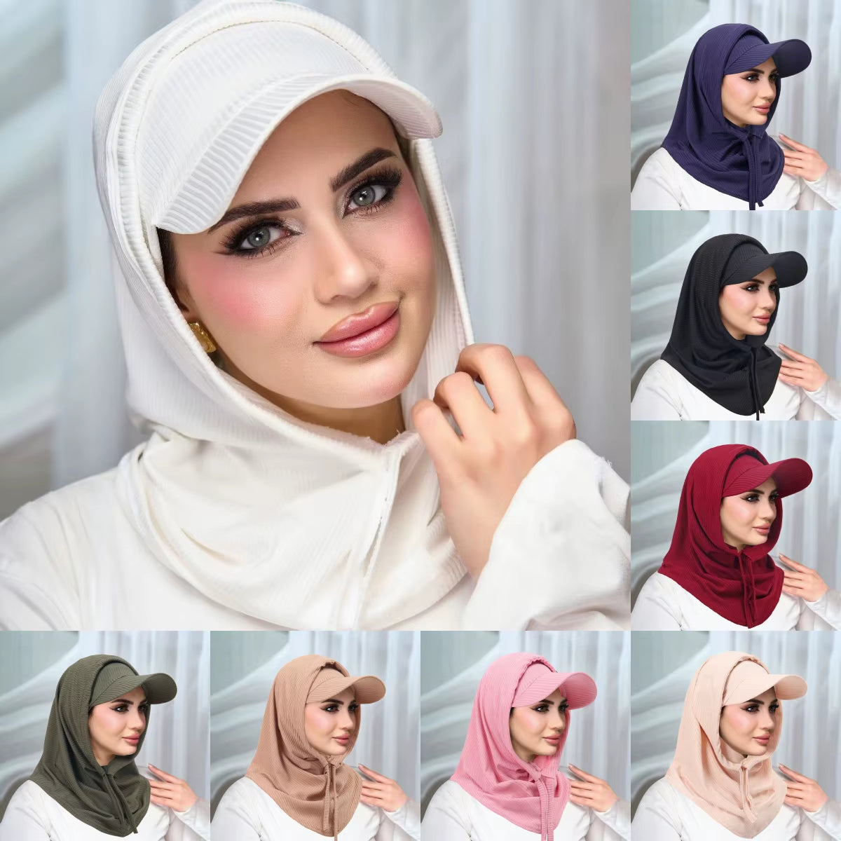 2 Pcs/Set Solid Color Cycling Scarf Hijab Caps Combination Set Wrap Head Scarf Muslim Turban Bonnet for Women Turbantes Caps