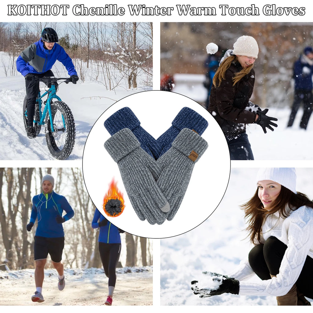 2 Pairs Winter Gloves for Women Chenille, Winter Warm Thick Lined Touchscreen Fingers Weather Gloves