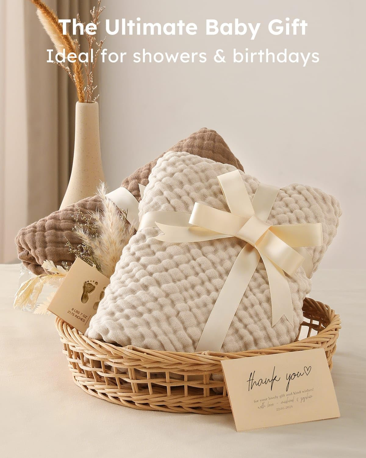 Hooded Baby Towels for Newborn 2 Pack 100% Muslin Organic Cotton Baby Bath Towel with Hood for Babies, Infant, Toddler and Kids, 32X32Inch, Soft and Absorbent Newborn Essential, Beige&Coffee
