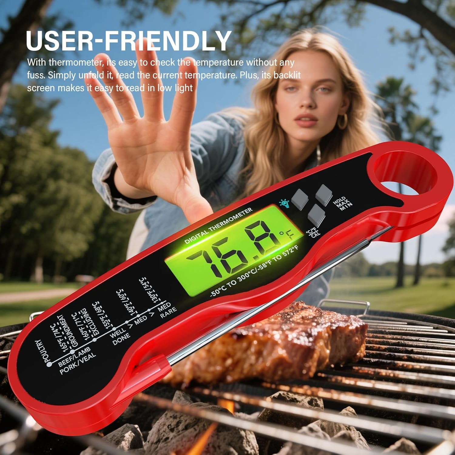 ® Meat Thermometer Digital - Instant Read Waterproof Food Thermometer with Backlight for Cooking, Grill, Candy, Kitchen & Stocking Stuffers for Men - Red