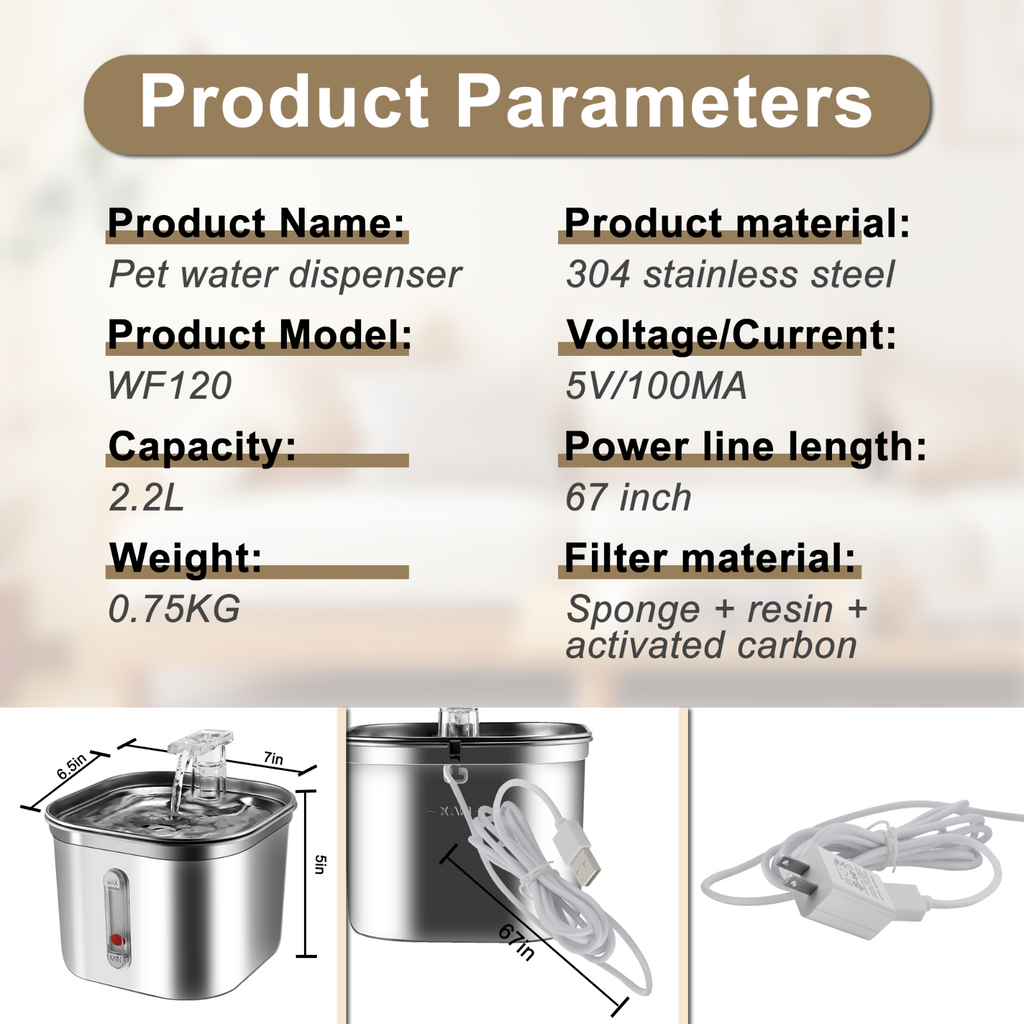 Cat Water Fountain Stainless Steel 74Oz/2.2L Automatic Pet Dog Water Fountain