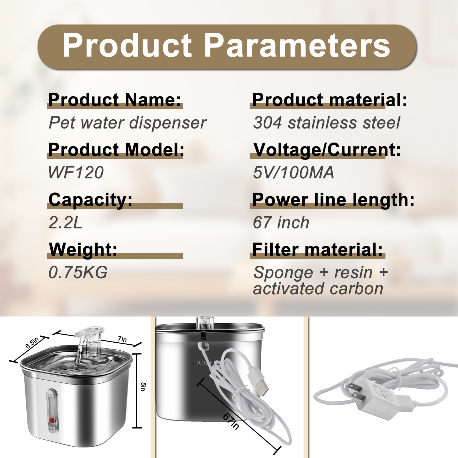 Cat Water Fountain Stainless Steel 74Oz/2.2L Automatic Pet Dog Water Fountain